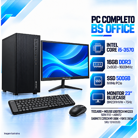 PC Completo BS Office i5-3570, 16GB DDR3, SSD 500GB, Monitor Bluecase 23 + Teclado e Mouse Logitech MK220