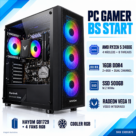 PC Gamer BS Start Ryzen 5 2400G, Vega 11, 16GB DDR4, SSD NVMe 500GB, B450M Steel Legend, Cooler RGB