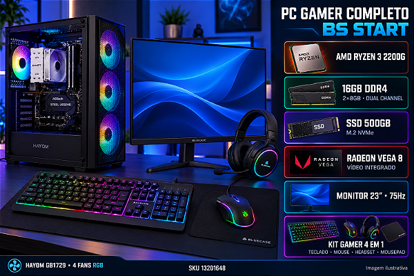 PC Gamer Completo BS Start Ryzen 3 2200G, 16GB DDR4, NVMe 500GB, B450M + Monitor 23 e Kit Gamer