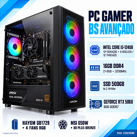 PC Gamer BS Pro Intel Core i5-12400 12ª Geração, 16GB DDR4, RTX 5060 8GB, SSD NVMe 500GB