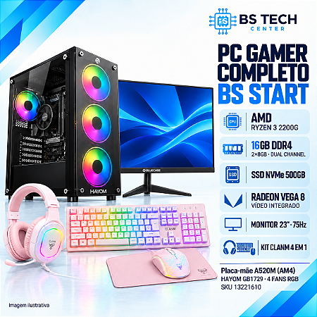 PC Gamer Completo BS Start Ryzen 3 2200G, Vega 8, A520M, 16GB DDR4, NVMe 500GB, Monitor 23 e Kit Gamer