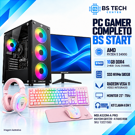 PC Gamer Completo BS Start Ryzen 5 2400G, A520, 16GB DDR4, SSD SATA 240GB, Monitor 23 e Kit Gamer