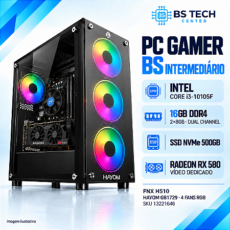 PC Gamer BS Intermediario Core i3-10105F, Radeon RX 580 8GB, 16GB DDR4, SSD NVMe 500GB