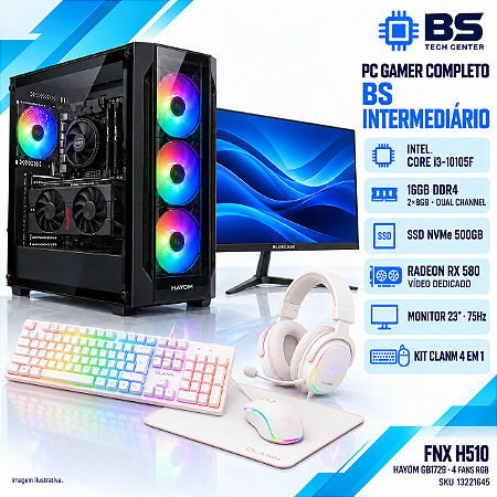 PC Gamer Completo BS Intermediário Core i3-10105F, RX 580 8GB, 16GB DDR4, NVMe 500GB, Monitor 23 e Kit