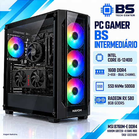 PC Gamer BS Intermediário Core i5-12400, Radeon RX 580 8GB, B760M DDR4, 16GB DDR4, SSD NVMe 500GB