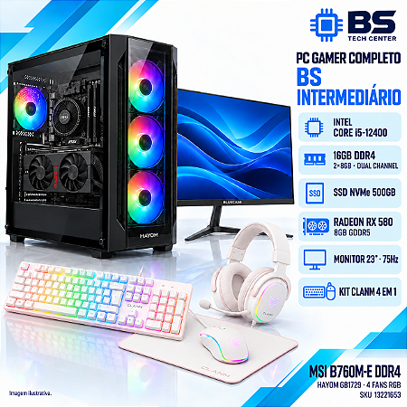 PC Gamer Completo BS Intermediário Core i5-12400, RX 580 8GB, 16GB DDR4, NVMe 500GB, Monitor 23 e Kit