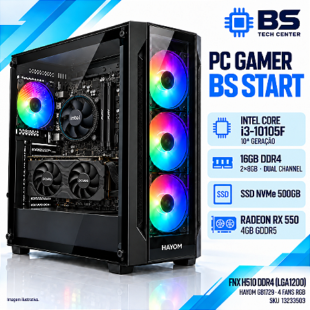 PC Gamer BS Start Core i3-10105F 10ª Geração, RX 550 4GB, 16GB DDR4, SSD NVMe 500GB