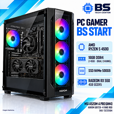 PC Gamer BS Start Ryzen 5 4500, RX 550 4GB, A520M, 16GB DDR4, SSD NVMe 500GB