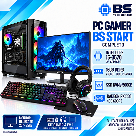 PC Gamer Completo BS Start Core i5-3570, RX 550 4GB, 16GB DDR3, NVMe 500GB, Monitor 23 e Kit Gamer