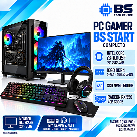 PC Gamer Completo BS Start Core i3-10105F, RX 550 4GB, 16GB DDR4, NVMe 500GB, Monitor 23 e Kit Gamer