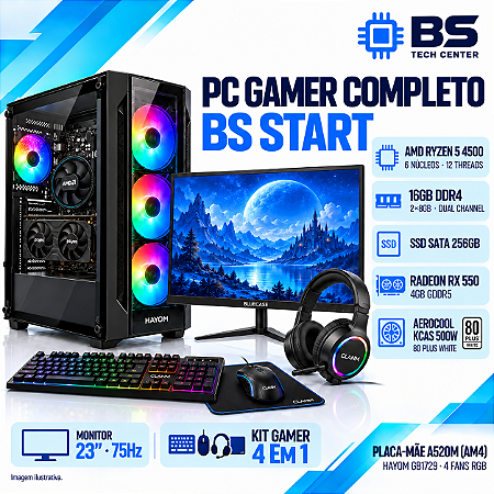 PC Gamer Completo BS Start Ryzen 5 4500, RX 550 4GB, 16GB DDR4, SATA 256GB, Monitor 23 e Kit Gamer