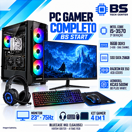 PC Gamer Completo BS Start Core i5-3570, RX 550 4GB, 16GB DDR3, SATA 256GB, Monitor 23 e Kit Gamer