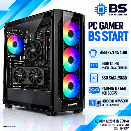 PC Gamer BS Start Ryzen 5 5500, ASRock A520M-HVS, RX 550 4GB, 16GB DDR4, SSD SATA 256GB
