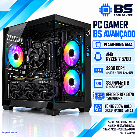 PC Gamer BS Avançado Ryzen 7 5700, RTX 5070 12GB, 32GB DDR4, SSD NVMe 1TB, Wi-Fi, Fonte 750W Gold