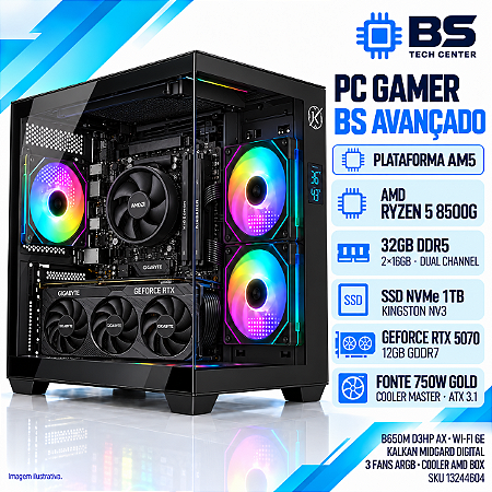 PC Gamer BS Avançado Ryzen 5 8500G, RTX 5070 12GB, 32GB DDR5, SSD NVMe 1TB, Wi-Fi, Fonte 750W Gold