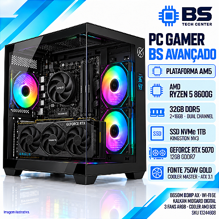 PC Gamer BS Avançado Ryzen 5 8600G, RTX 5070 12GB, 32GB DDR5, SSD NVMe 1TB, Wi-Fi, Fonte 750W Gold