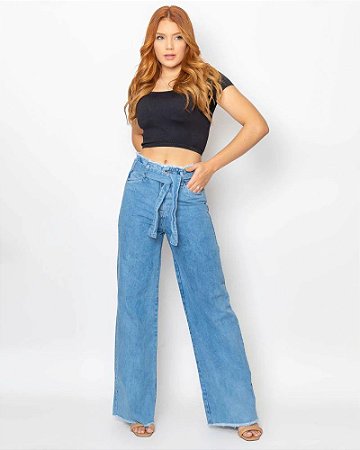 Calça Jeans Feminina Wide Leg Com Barra e Cós Desfiado e Cinto - Hangar do  Jeans