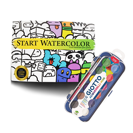 Kit Livro Ilustrado Startwatercolor Papel Offset 120g - Edição Doodle + Aquarela em Pastilha Giotto Mini (23mm) - 12 Cores