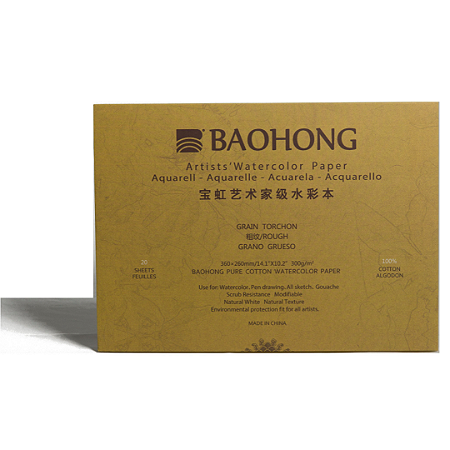 Bloco 36x26 Aquarela Baohong Artists Watercolor Textura Rugoso 300g 20 Folhas