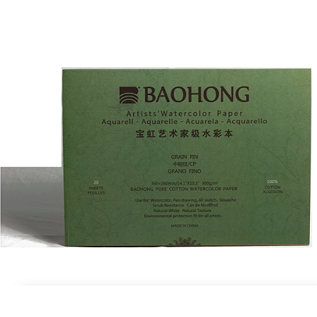 Bloco 36x26 Aquarela Baohong Artists Watercolor Textura Fina 300g 20 Folhas