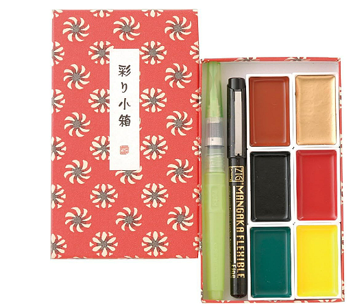 Tinta Aquarela Pastilha Kuretake Irodori Kobako - Red 6 Cores