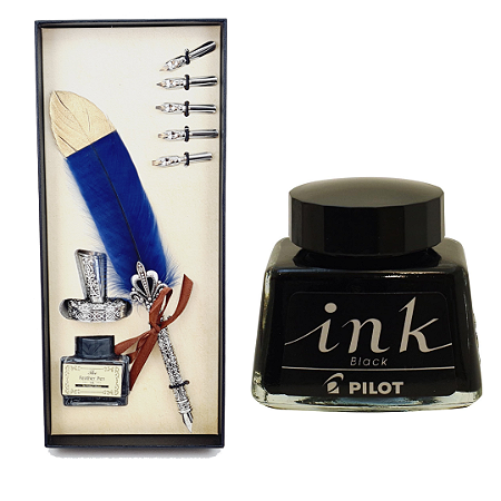 Kit de Caligrafia Artístico Completo Pena Azul Escuro + Tinta Japonesa Ink Pilot 30ml Black