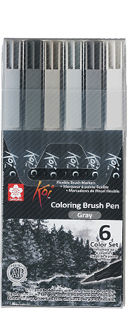 Conjunto Caneta Marcador Koi Coloring Brush - 6 Tons Cinzas