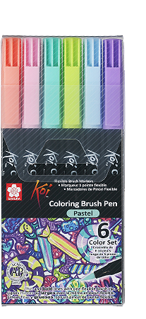 Caneta Marcador Koi Coloring Brush - Conjunto 6 Cores / Pastel - Ponta Pincel/Brush