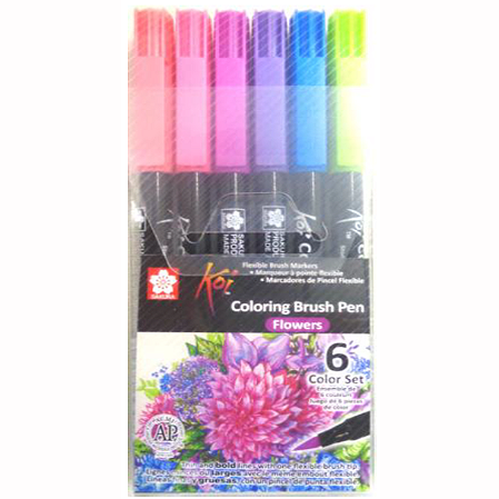 Caneta Marcador Koi Coloring Brush - Conjunto 6 Cores / Flowers - Ponta Pincel/Brush