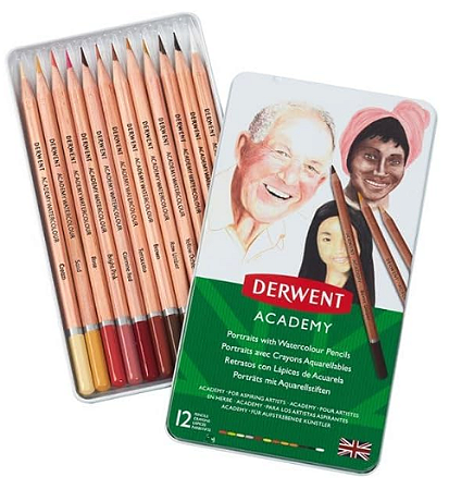 Estojo Lata Lápis de Cor Aquarelável Retrato Derwent - 12 Cores