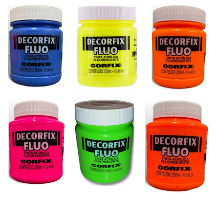 Kit 12x Tinta Acrílica Fluorescente Decorfix Fluo Corfix 250ml - 6 Cores