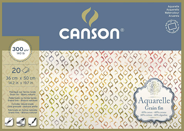 Bloco Aquarelle Canson Grain Fin 300g/m² 50X36cm - 20 Folhas