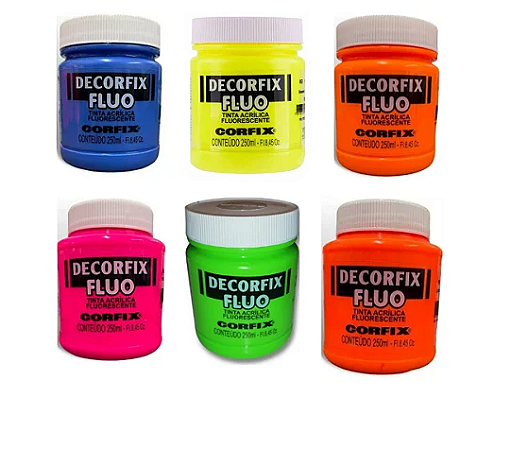 Kit 6x Tinta Acrílica Fluorescente Decorfix Fluo Corfix 250ml - 6 Cores