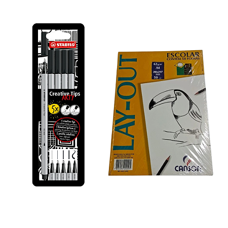 Kit Creative Tips Arty Stabilo 5x + Papel Lay-out Canson 63g/m A4