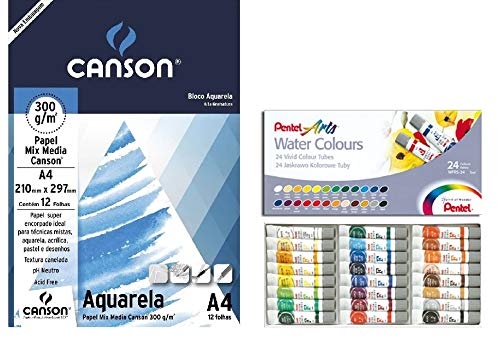 Kit Aquarela: Papel Canson Aquarela A4 300gr + Aquarela Pentel 24 Xores