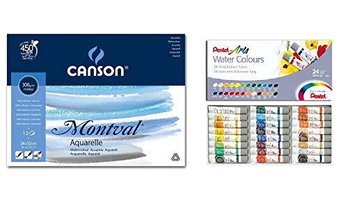 Kit Aquarela: Papel Canson Montval 24x32cm 300gr + Aquarela Pentel 24 Cores