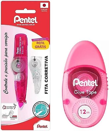 Kit de Fita Corretiva + Refil e Cola em Fita Pentel - Rosa