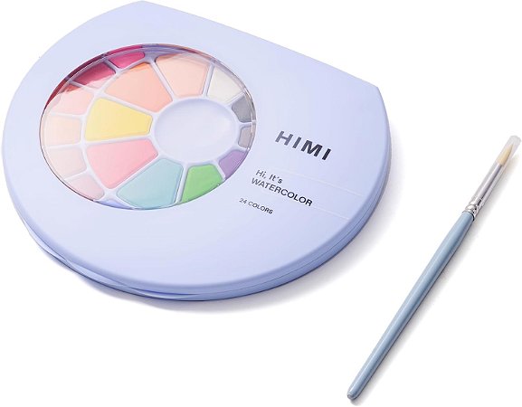 HIMI Conjunto de aquarela sólida com 24 cores em panelas, pincel, estojo azul, abre como paleta de maquiagem, arte escolar, esboço para adolescentes, experimentos ousados, kit de suprimentos de