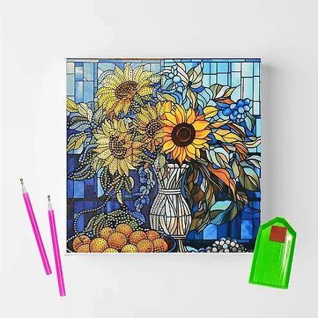 Kit Pintura Diamante Sinoart 30X30cm Vaso de Girassóis