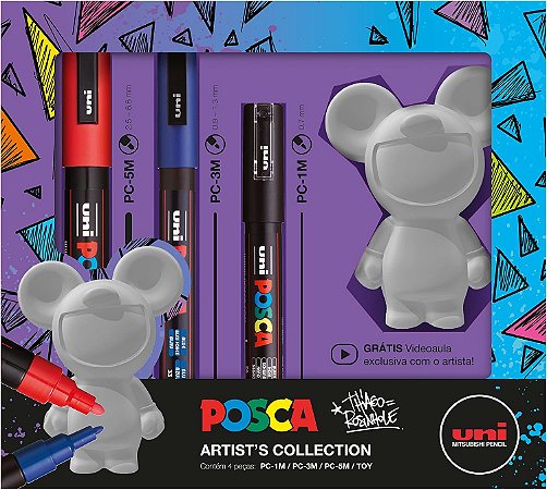 POSCA Toy Art Mickey PC1M Preta PC3M Azul PC5M Vermelha - Kit com 4 itens