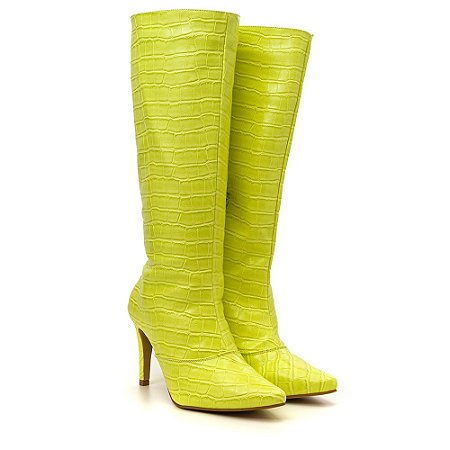 Bota Feminina Cano Alto Salto Fino Crôco Verde Lima Lemon