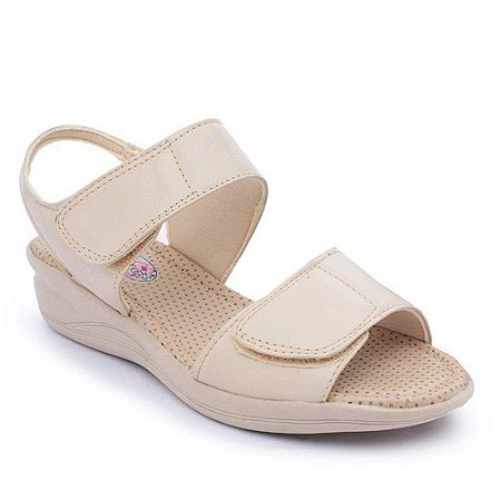 Sandália Feminina Confortável Ortopédica Velcro Couro Bege - Loja Santa Fé  Calçados Masculinos e Femininos Franca