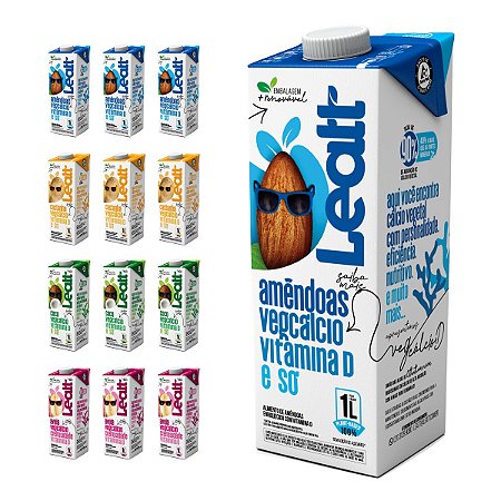Kit 12 Leites Vegetais Leatt 1L Sortidos: 3 Amêndoas, 3 Castanha, 3 Coco e 3 Aveia