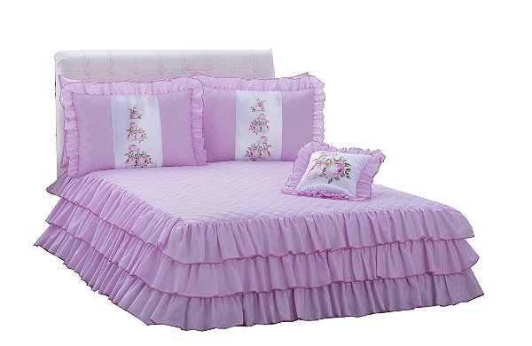 Kit Colcha com babado Sofia Casal 04 peças Rosa