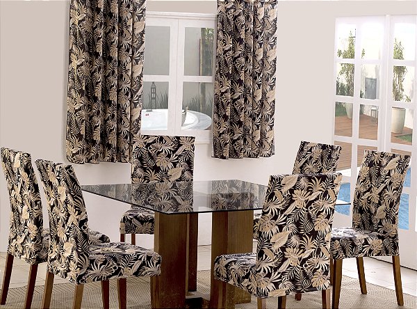 Capas de Cadeira 04 Lugares Floral Preto