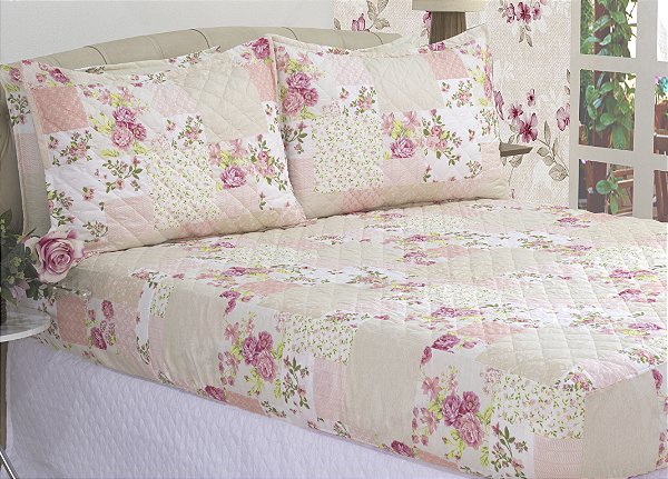 KIT COBRELEITO MICROPERCAL COM ELÁSTICO PATCHWORK SOLTEIRO 02 PÇS