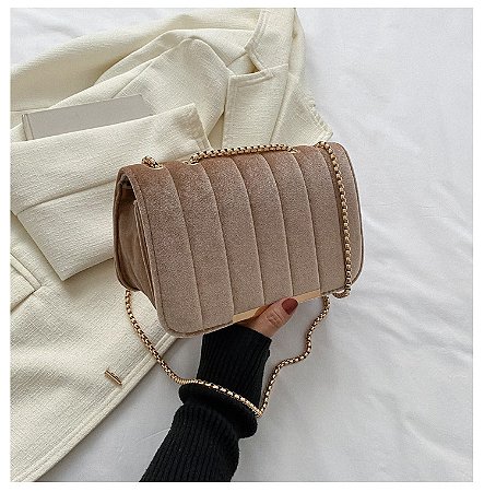 Bolsa Tiracolo - Cor Bege, Tecido Aveludado - Modelo Mia