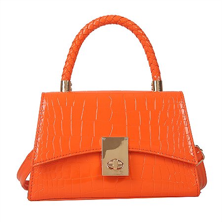 Bolsa Transversal - Cor Laranja, Verniz Texturizado - Modelo Sophia