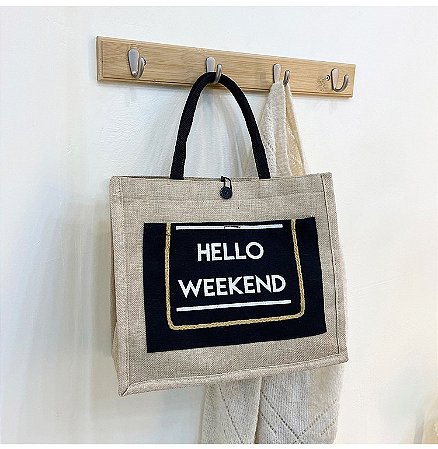 Bolsa de Praia - Cor Preto, Tecido Rústico - Modelo Sun