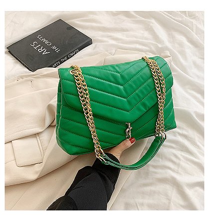 Bolsa Tiracolo Transversal Matelassê - Cor Verde, Couro Sintético - Modelo Emilly